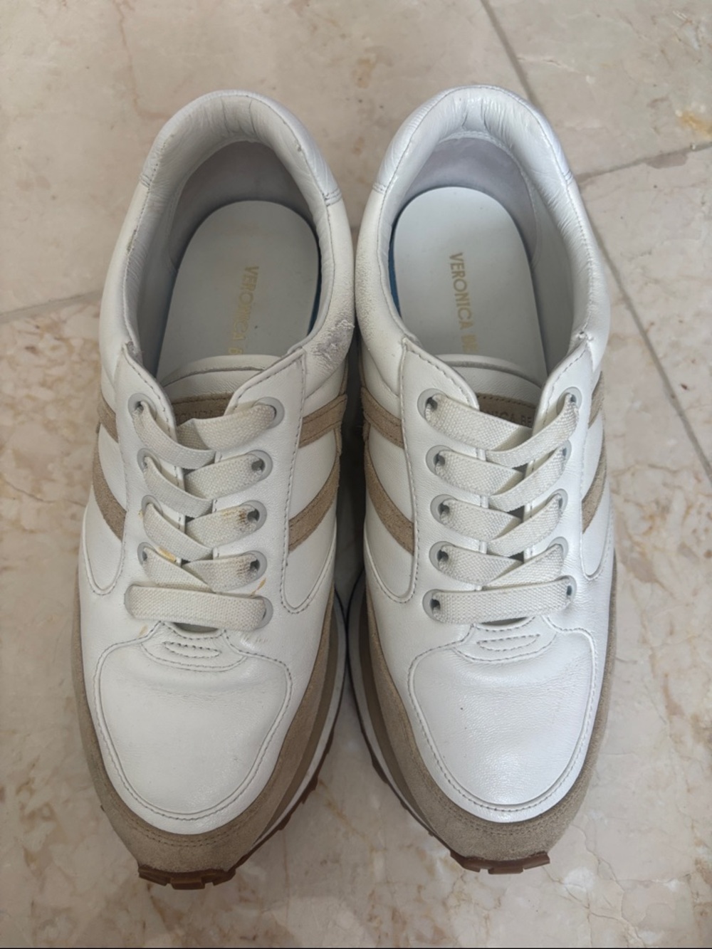 Veronica Beard White and Tan Leather Sneakers
